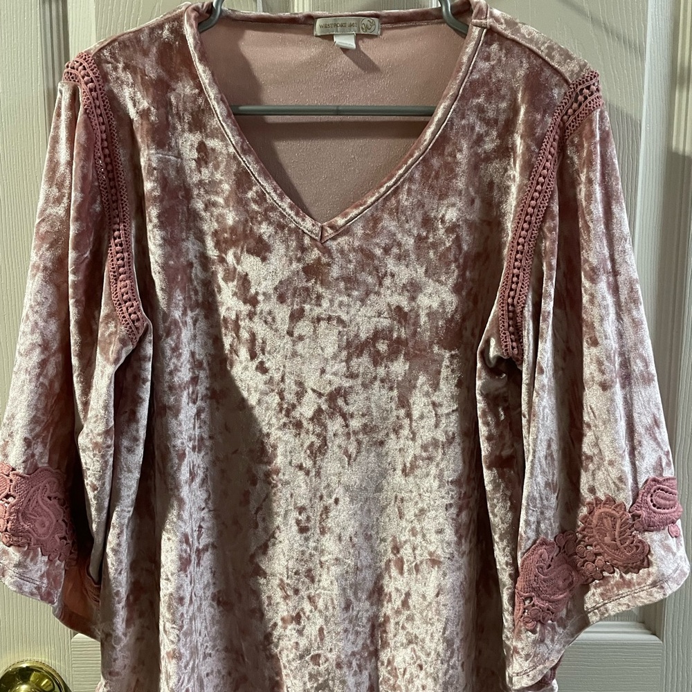 Westport Blush Velvet Blouse with Lace Accents
